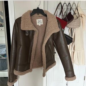 Brown Faux Leather Jacket with Shearling Lining
